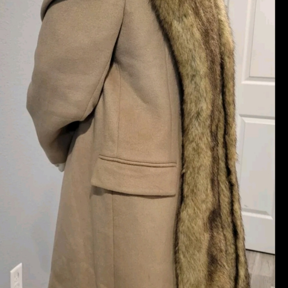 VINTAGE 70s Big Faux Collar Wool Coat Beige Tan BLACK LABEL SIZE L - Picture 6 of 13